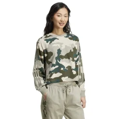 adidas Essentials 3 Stripes Camo Print Cropped Sweatshirt in Green