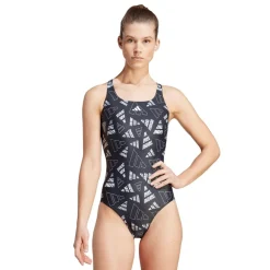 adidas Womens 3 Bar Logo Graphic Swimsuit in Black