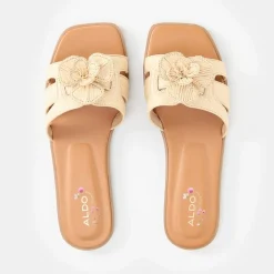 Aldo Floral Open Toe Flat Heel Slides in Beige