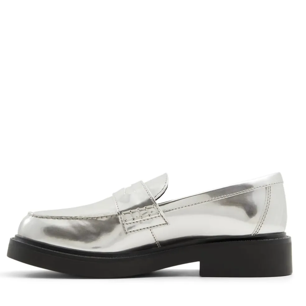 Aldo Verima Penny Loafer Block Heel in Silver