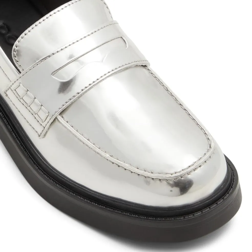 Aldo Verima Penny Loafer Block Heel in Silver