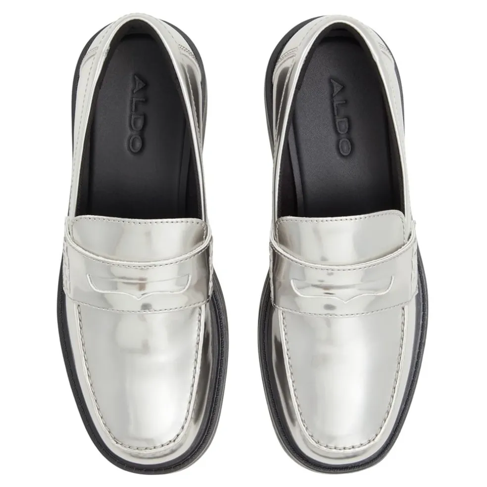 Aldo Verima Penny Loafer Block Heel in Silver