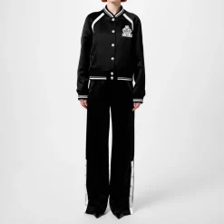 Alessandra Rich Satin Track Athletic Pants in Black