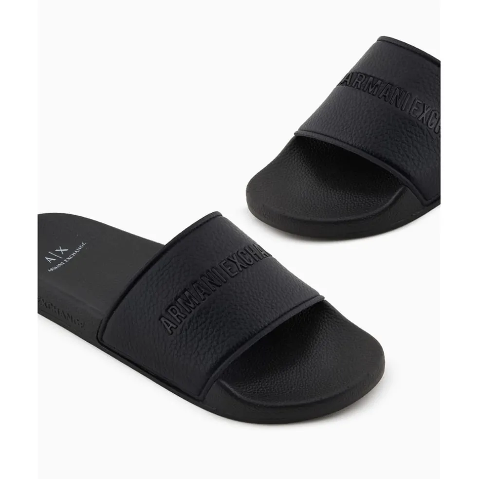Armani Exchange Exchange Textured Open Toe Flat Slides in Black
