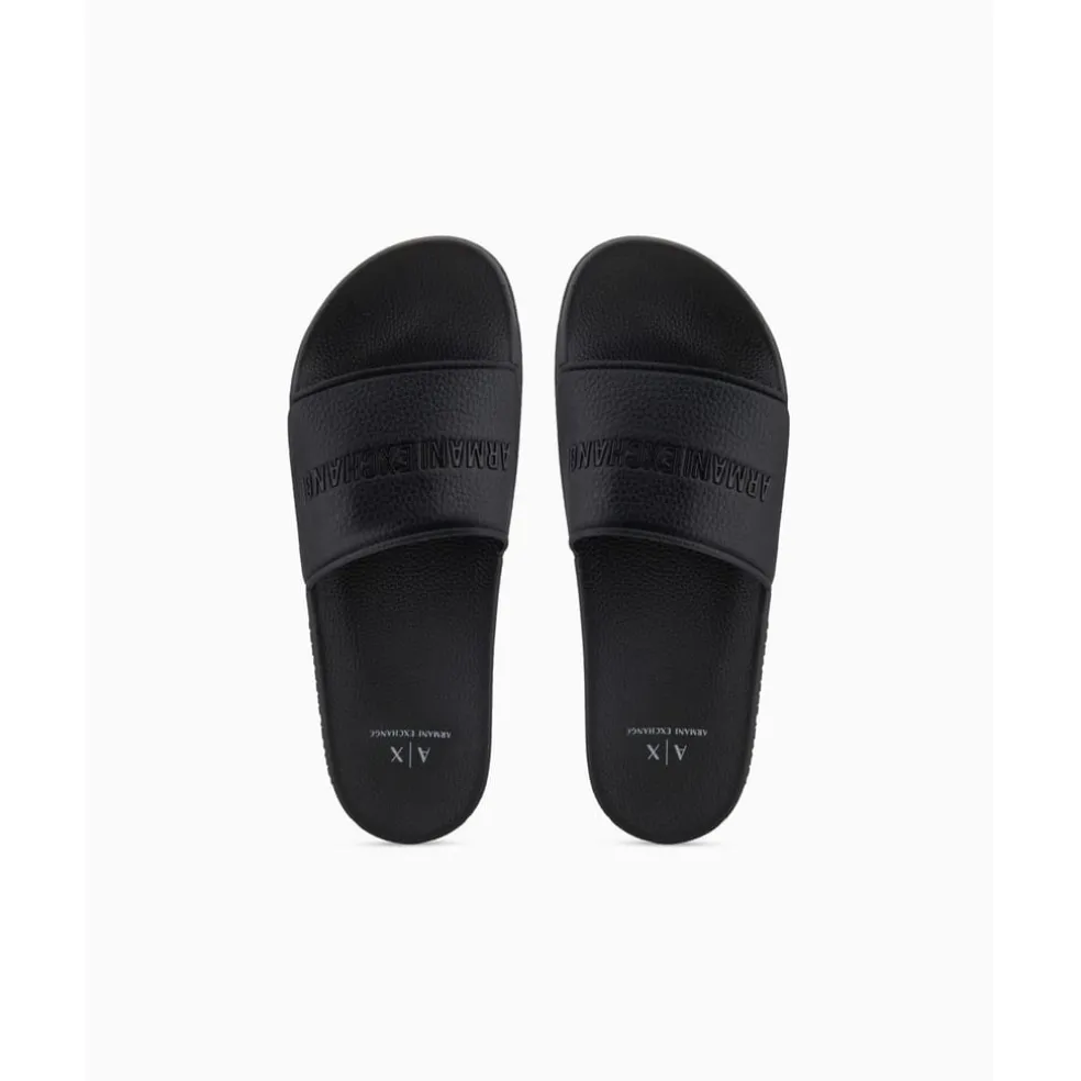 Armani Exchange Exchange Textured Open Toe Flat Slides in Black
