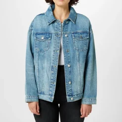 Armani Exchange Long Relaxed Fit Trucker Jacket in Blue