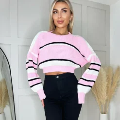 AX Paris Long Sleeve Cropped Jumper in Pink