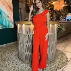 AX Paris Orange Frill One Shoulder Jumpsuit in Orange