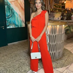 AX Paris Orange Frill One Shoulder Jumpsuit in Orange