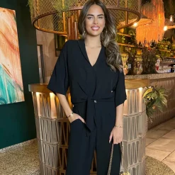 AX Paris V Neck Collar Tie FronT-Shirt in Black