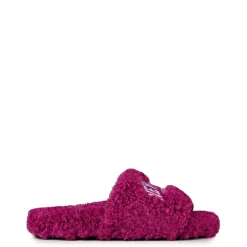 Balenciaga Fur Slide Sandals with Lettering in Pink