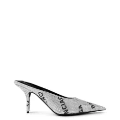 Balenciaga Square Knife Crystal Embellished Leather Heeled Mules in Silver