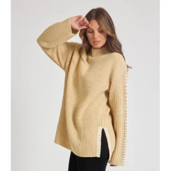 Be You Contrast Stitch Mock Neck Sweater in Neutral