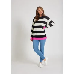 Be You Stripe Relaxed Fit Crew Neck Sweater in Black
