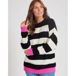 Be You Stripe Relaxed Fit Crew Neck Sweater in Black