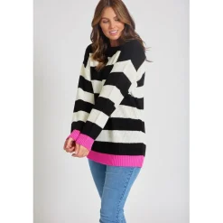 Be You Stripe Relaxed Fit Crew Neck Sweater in Black