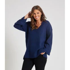 Be You V-Neck Button Sleeve Relaxed Sweater in Blue