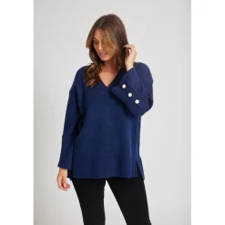 Be You V-Neck Button Sleeve Relaxed Sweater in Blue