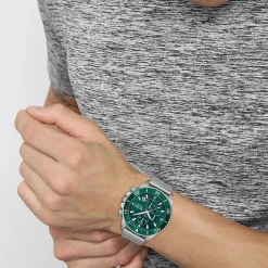 Boss Admiral Stainless Steel Green Dial Mesh Strap Watch in Silver