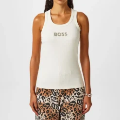Boss Crystal Logo Ribbed Tank Top in Cream