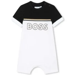 Boss Lettering Crew Neck Short Sleeve Onesie in White