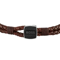 Boss Seal Braided Leather Bracelet in Brown