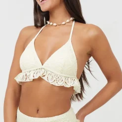 Brave Soul Neck Bikini Top With Crochet in Yellow