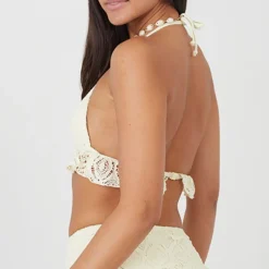 Brave Soul Neck Bikini Top With Crochet in Yellow