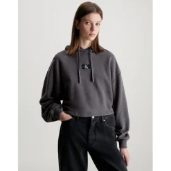 Calvin Klein Jeans Cropped Hooded Relaxed Fit Sweatshirt in Grey