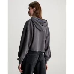 Calvin Klein Jeans Cropped Hooded Relaxed Fit Sweatshirt in Grey