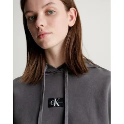 Calvin Klein Jeans Cropped Hooded Relaxed Fit Sweatshirt in Grey