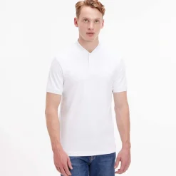 Calvin Klein Smooth Cotton Stand Collar Polo Shirt in White