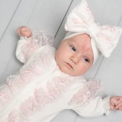 Caramelo Kids Caram Frill Crew Neck Long Sleeve Onesie in Pink