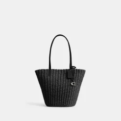 Coach S Straw Ribbed Tote with Detachable Strap in Black