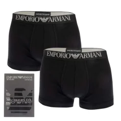 Emporio Armani 2 Pack Ribbed Cotton Boxer Briefs in Black