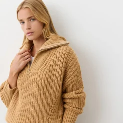 Finery Wilma Zip Neck Relaxed Fit Sweater in Beige