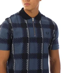 Fred Perry Glitch Tartan Zip Neck Polo Shirt in Blue