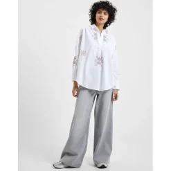 French Connection Embroid Notched Neck Relaxed Fit Shirt in White