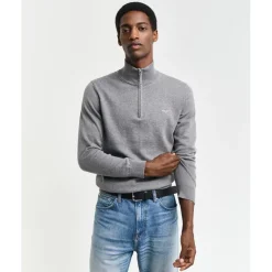 Gant Cotton Half Zip Sweater in Grey