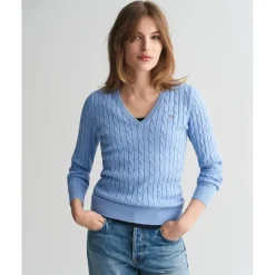 Gant V-Neck Cable Knit Pattern Long Sleeve Sweater in Blue
