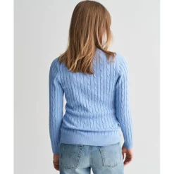 Gant V-Neck Cable Knit Pattern Long Sleeve Sweater in Blue