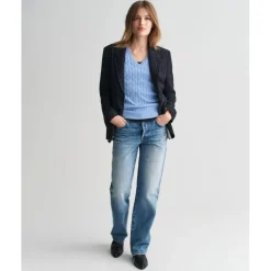 Gant V-Neck Cable Knit Pattern Long Sleeve Sweater in Blue