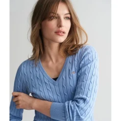 Gant V-Neck Cable Knit Pattern Long Sleeve Sweater in Blue