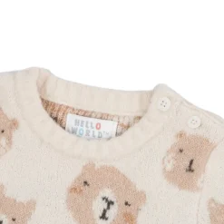 Hello World Bear Crew Neck Long Sleeve Sweater in Cream
