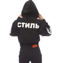 Heron Preston Flaming Skull Cropped Hoodie in Black-White