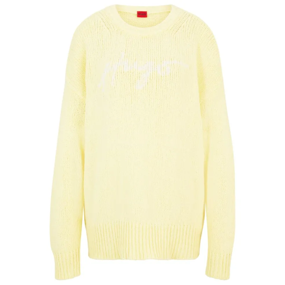 Hugo Crew Neck Lettering Relaxed Fit Sweater in Pink