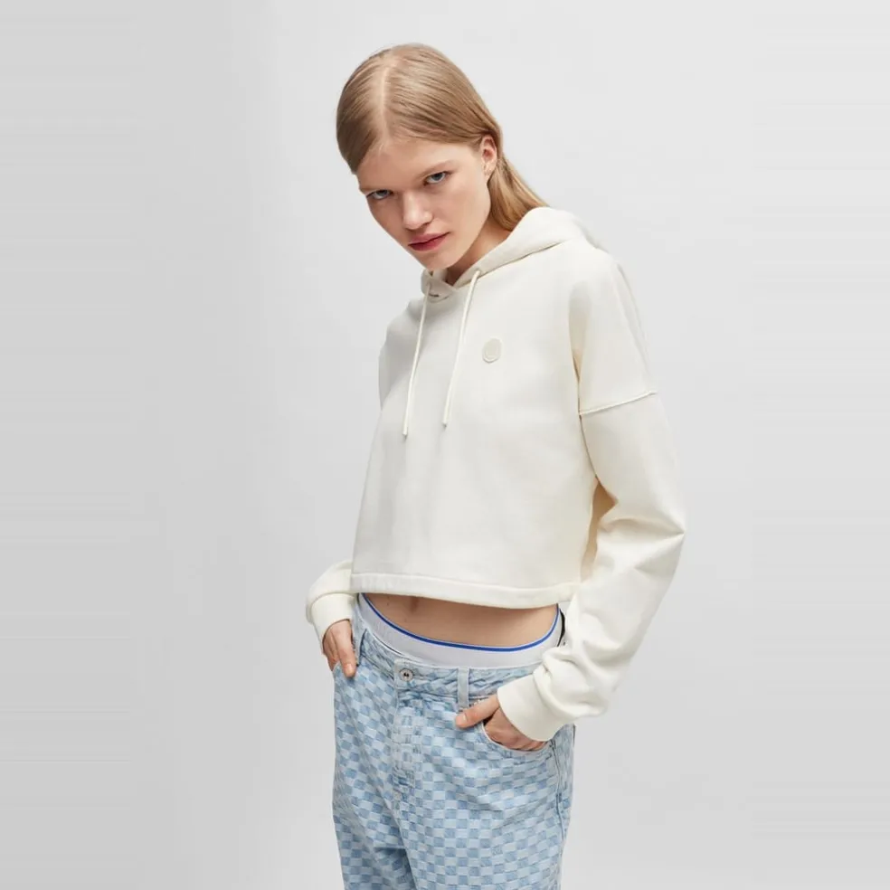 Hugo Cropped Hooded Relaxed Fit Sweatshirt in White
