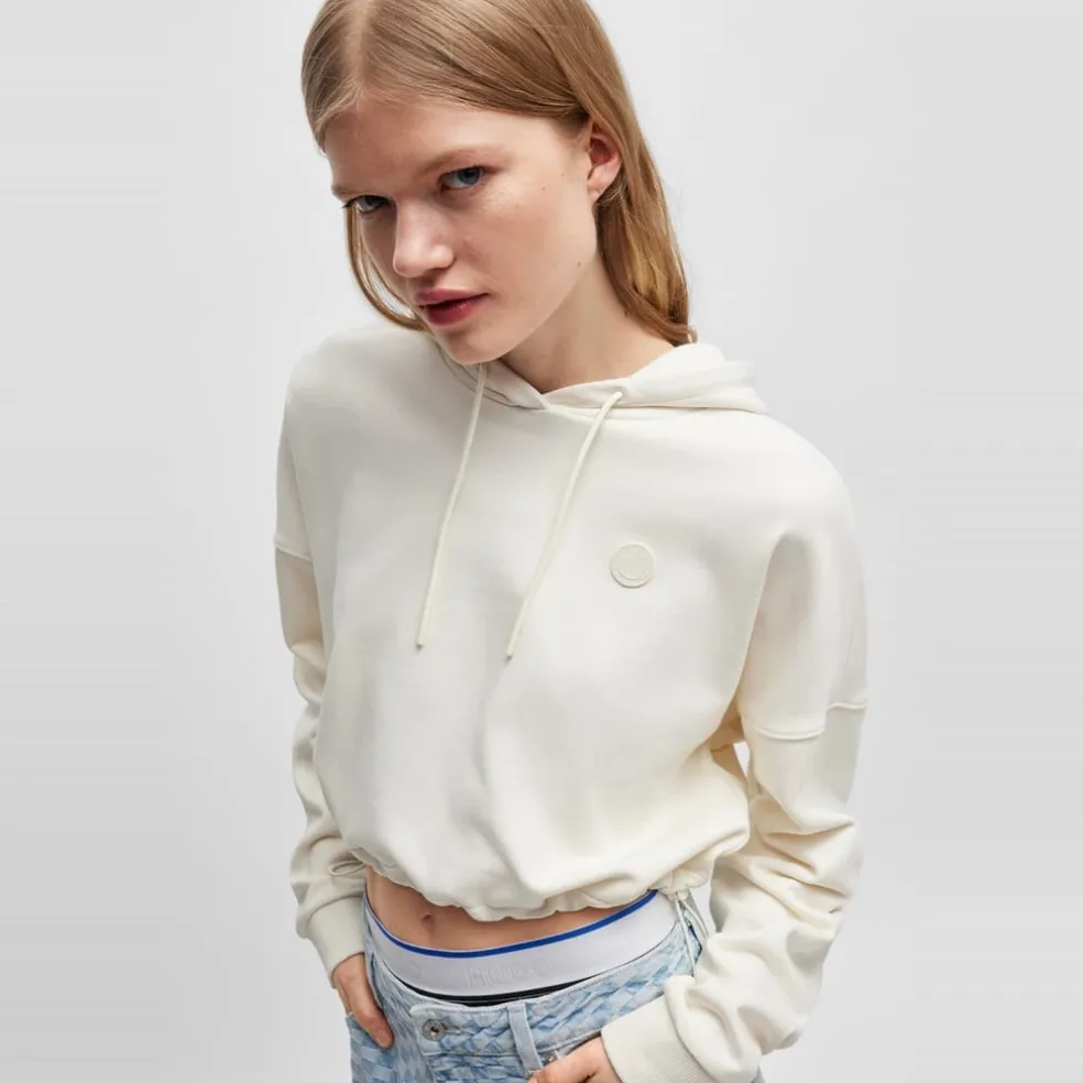 Hugo Cropped Hooded Relaxed Fit Sweatshirt in White