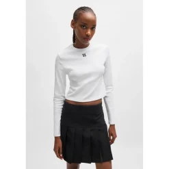 Hugo Cropped Slim Fit Long Sleeve T-Shirt in White