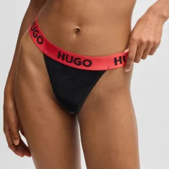 Hugo Logo Waistband Stretch-Velvet Thong in Black